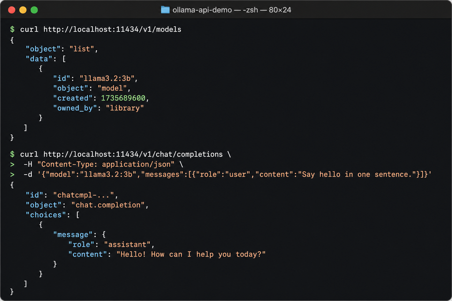 Verify the Ollama OpenAI-compatible API with curl