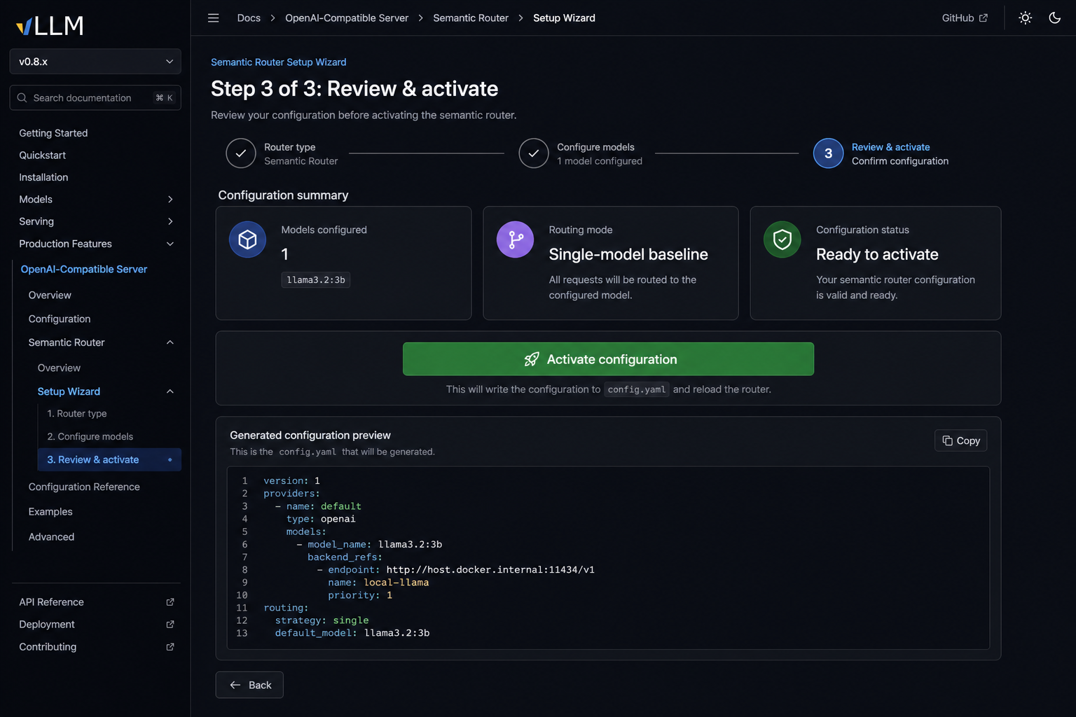 Review the generated config and activate setup