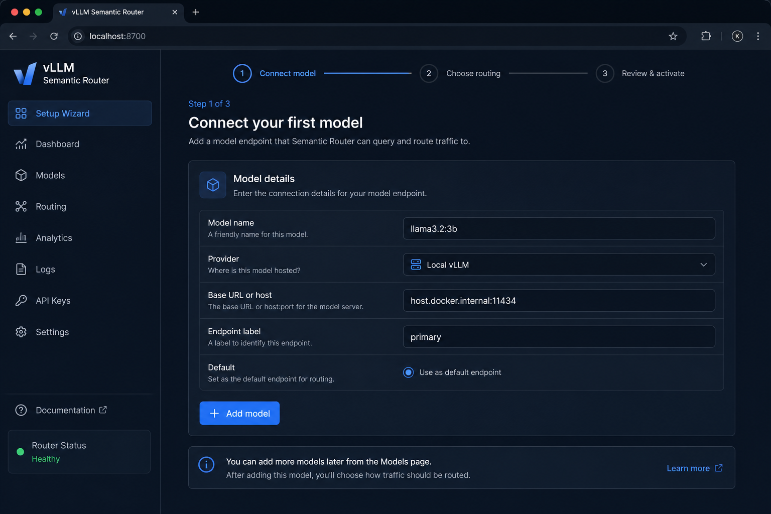 Configure an Ollama backend in the setup dashboard